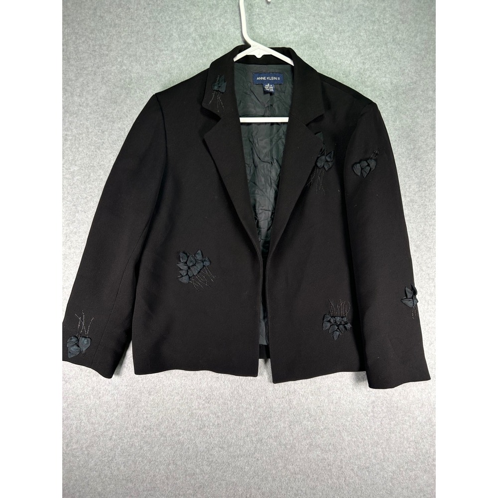 Stain*Anne Klein II Vtg. Black Blazer 3D Floral Applique Beaded Open Front Sz 6